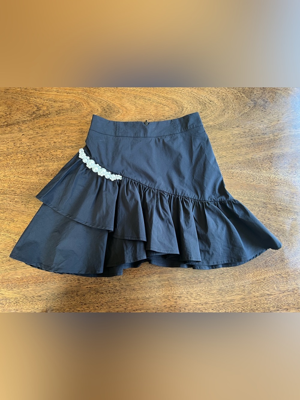 Ledin Black Pearl Embellished Asymmetrical Ruffle Mini Skirt Size Small